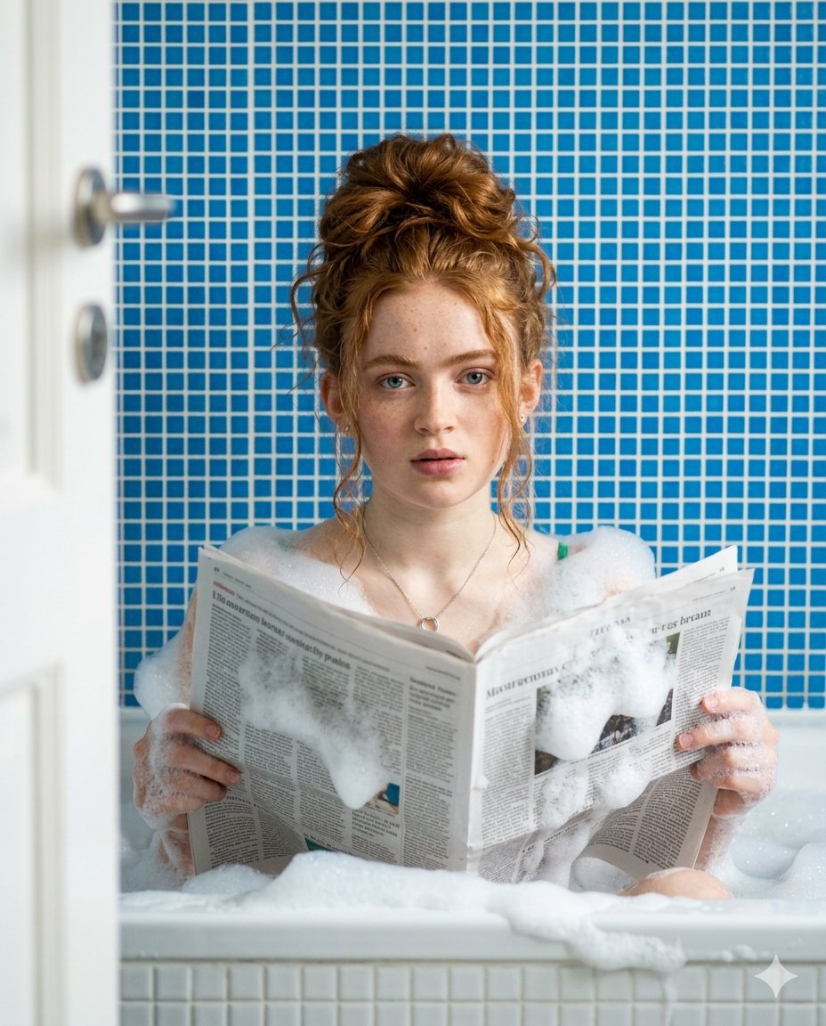 A young blonde Hollywood actress, similar to Sydney Sweeney, appears inside a bathtub filled wit 3