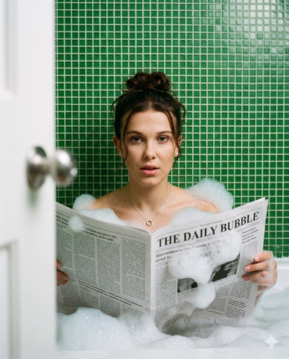 A young blonde Hollywood actress, similar to Sydney Sweeney, appears inside a bathtub filled wit