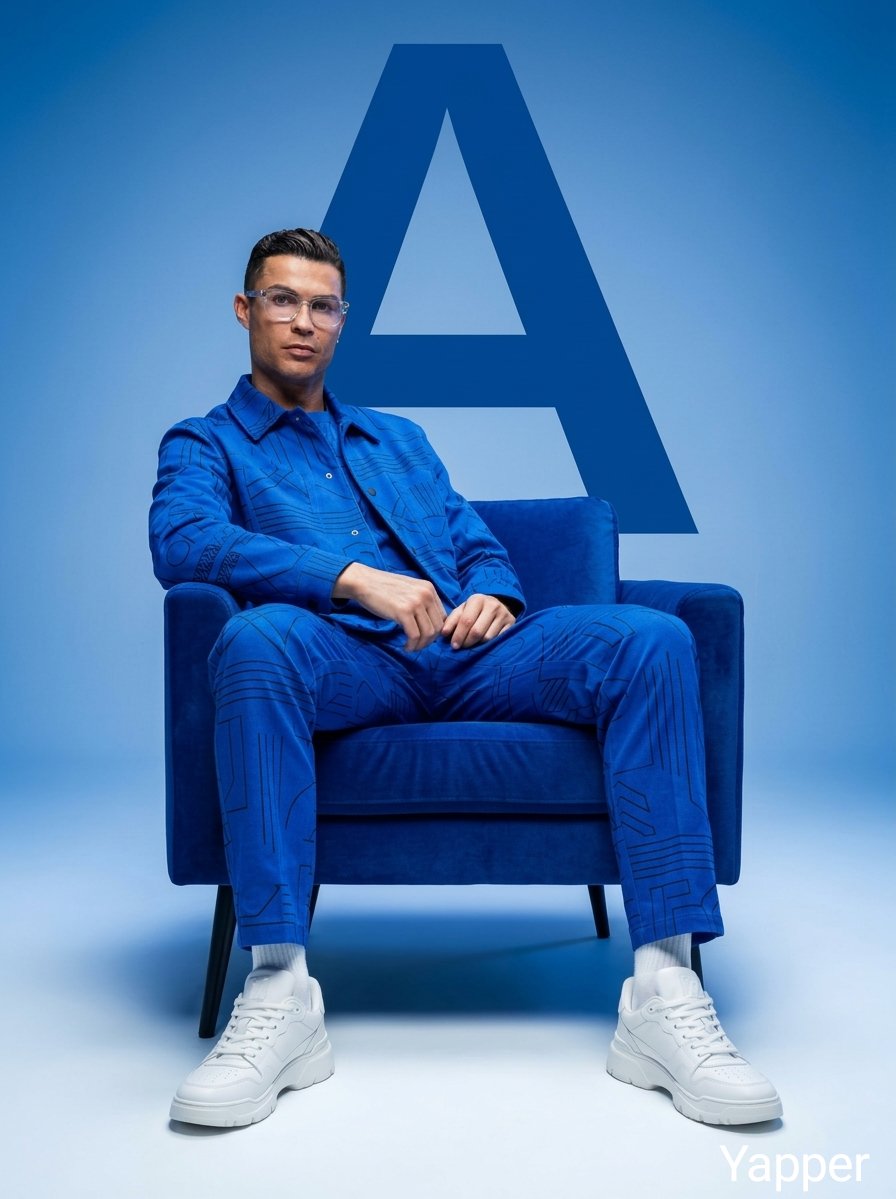 Minimalist fashion studio photoshoot featuring stylish people sitting confidently on a modern ch