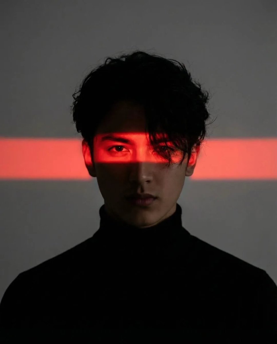 Cinematic studio portrait of a young man with messy textured hair, wearing a black turtleneck, c