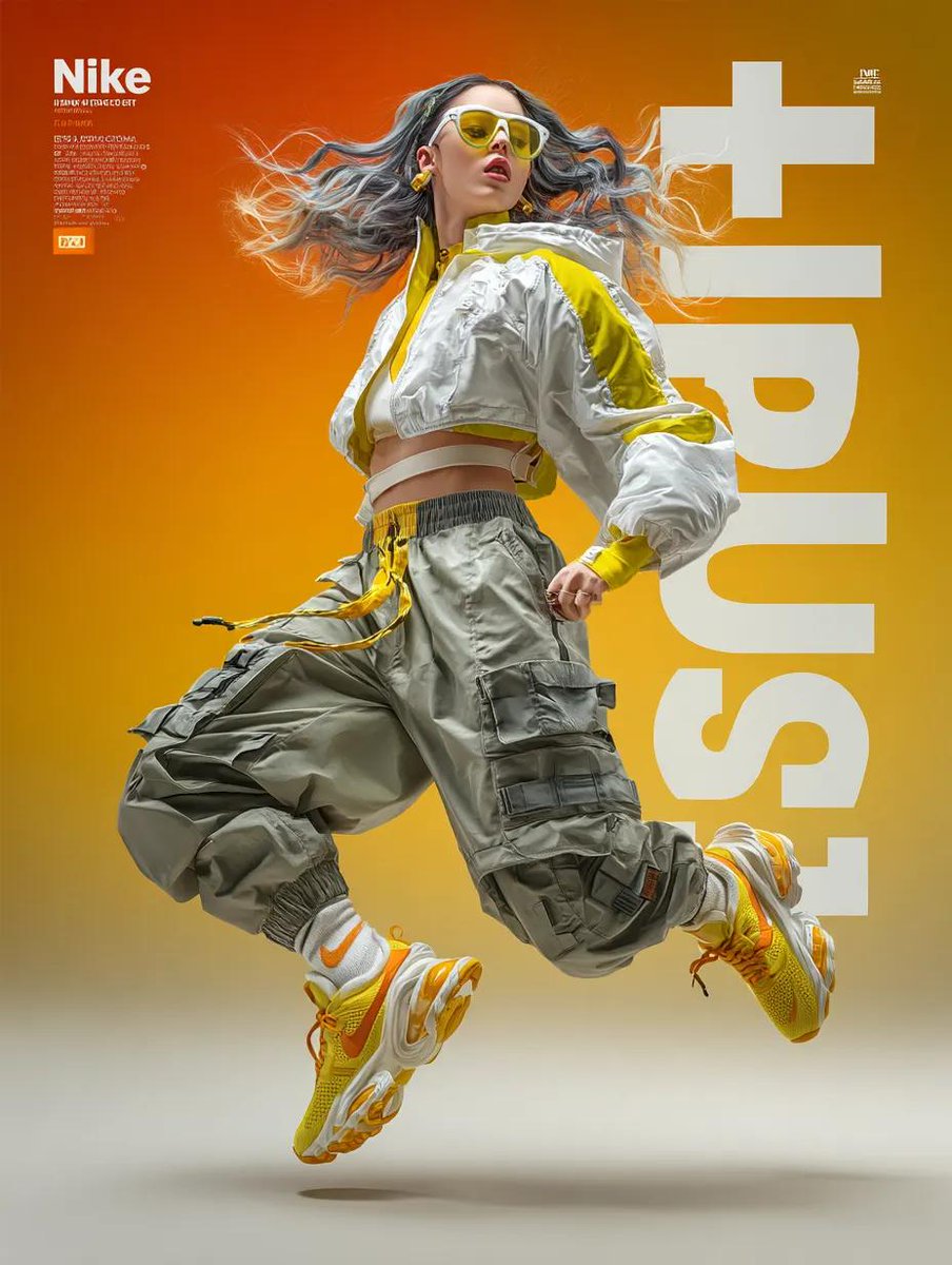 A dynamic fashion advertisement for Nike showing a hyper-realistic model mid-twist jump, light t 2