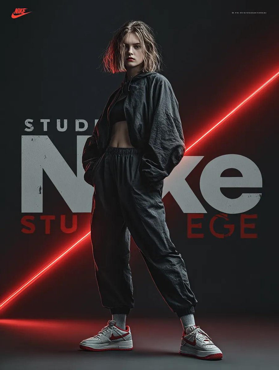 A dynamic fashion advertisement for Nike showing a hyper-realistic model mid-twist jump, light t