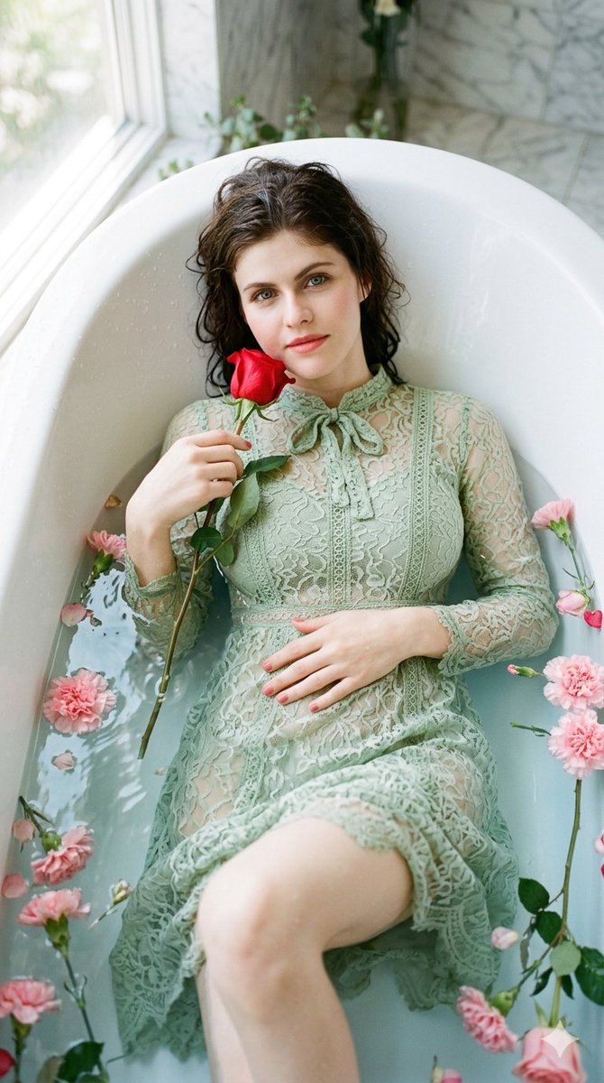A photorealistic, highly detailed 8K cinematic portrait of Alexandra Daddario reclining comforta 4