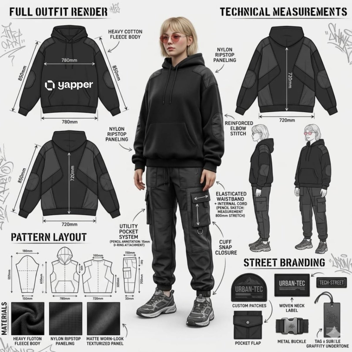 Using the attached image, create a professional industrial fashion design illustration sheet for