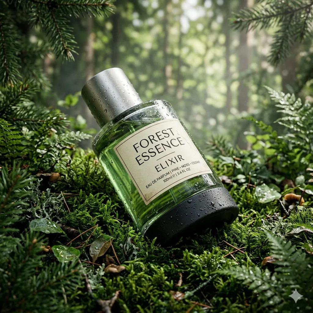 Ultra-realistic premium fragrance product shot of a perfume bottle (Forest Essence Elixir), posi 2