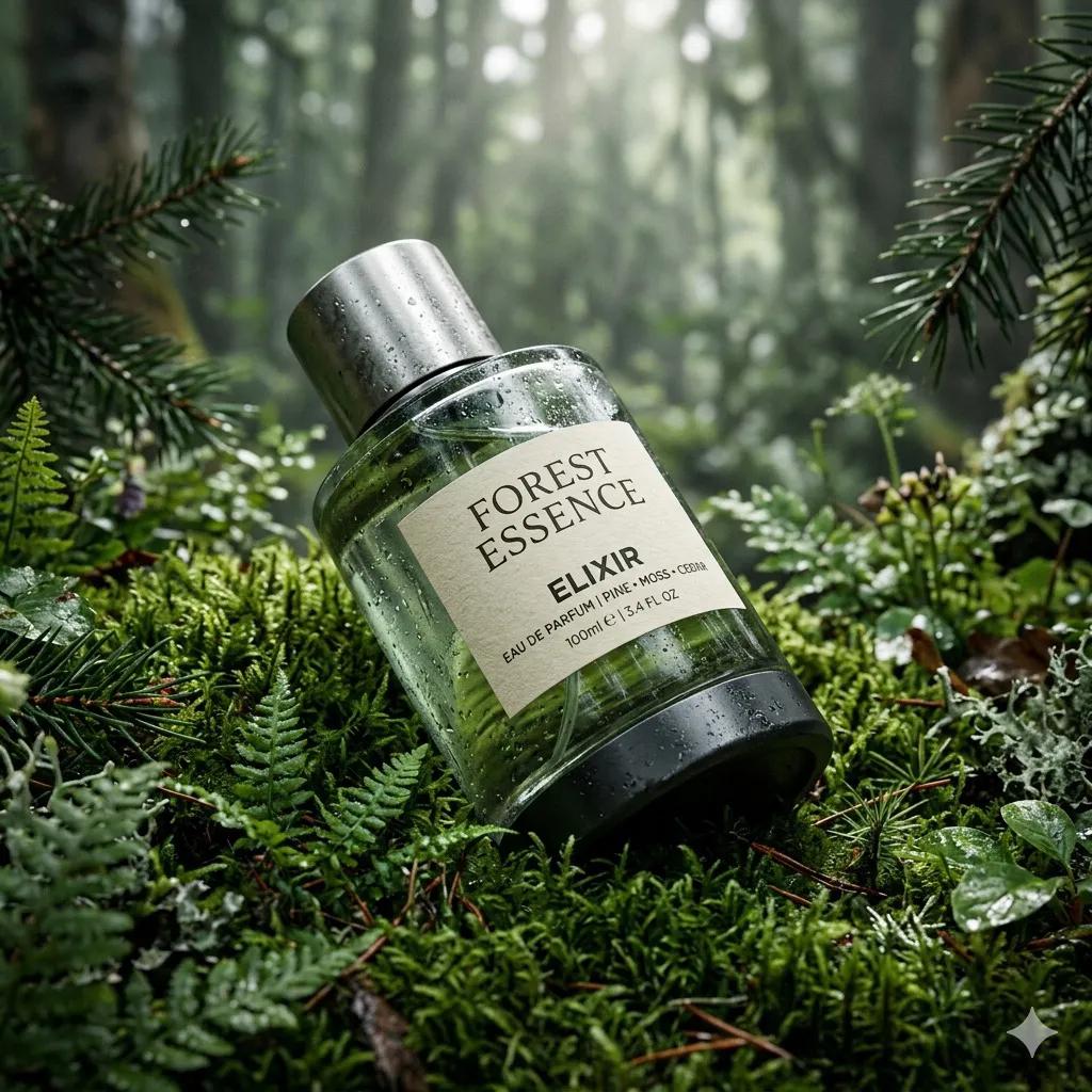 Ultra-realistic premium fragrance product shot of a perfume bottle (Forest Essence Elixir), posi
