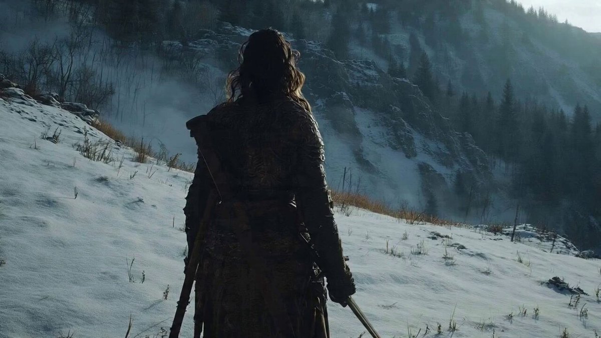 SUBJECTS: A lone sword-bearing woman in weathered fur and leather fights a massive polar bear wi