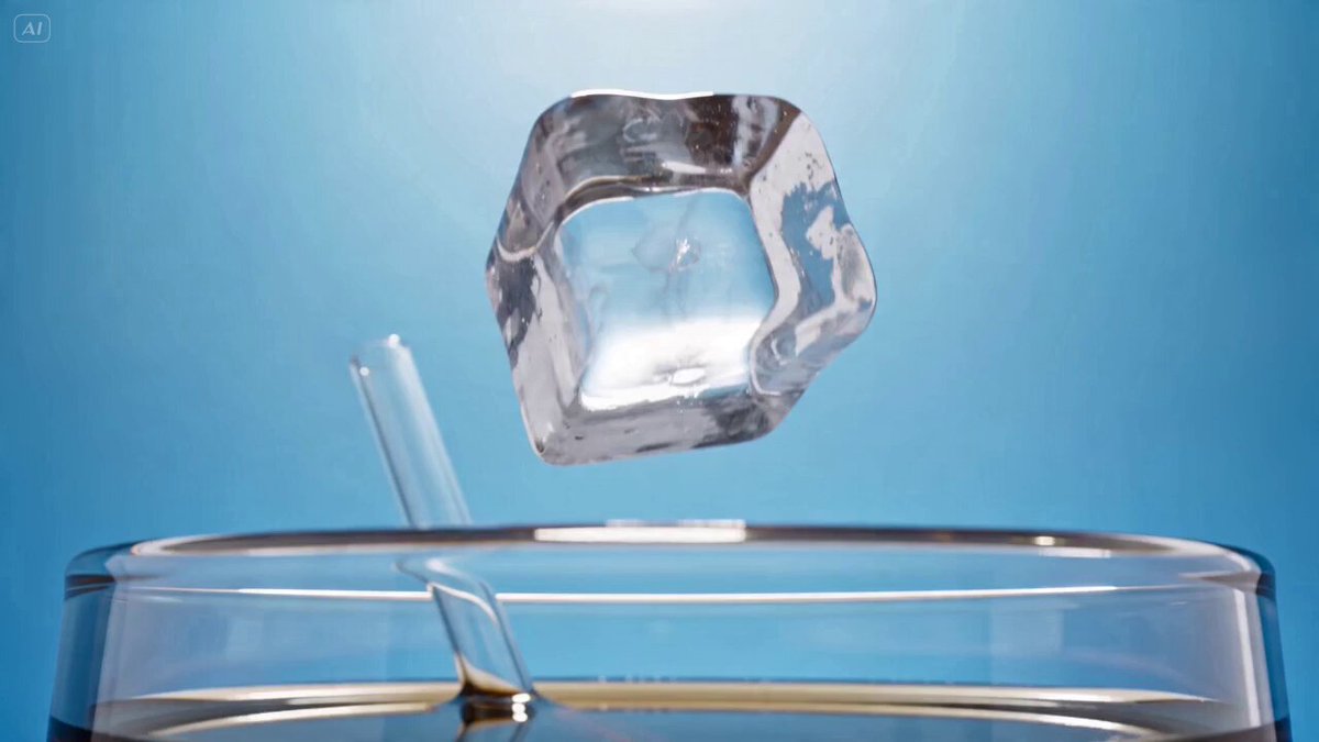 First-person POV of an ice cube dropped into a glass of soda.