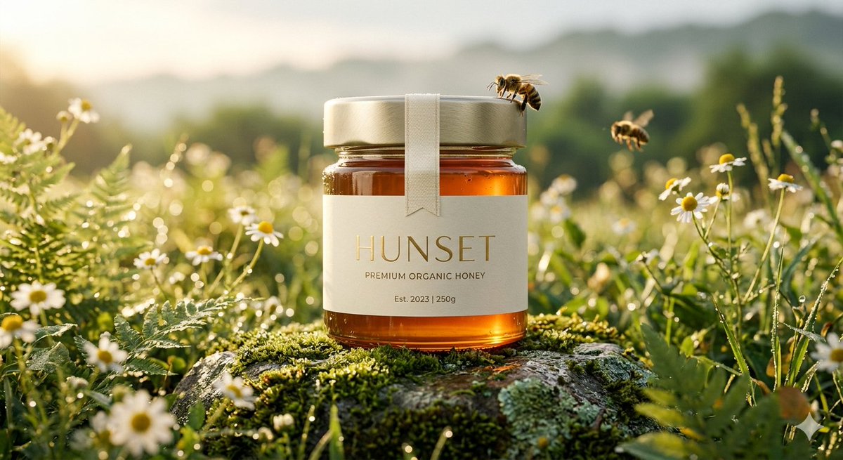 Ultra-realistic cinematic product shot of a premium honey jar placed inside a shallow wooden hol 2