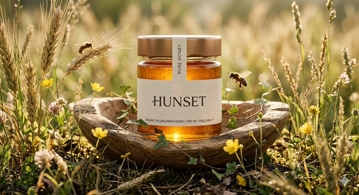 Ultra-realistic cinematic product shot of a premium honey jar placed inside a shallow wooden hol