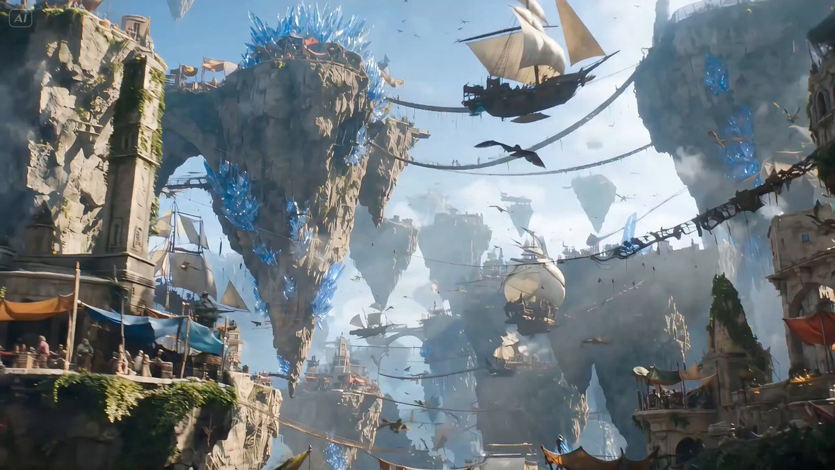 A daring aerial rogue diving on a bio-mechanical glider through a chaotic floating-island bazaar