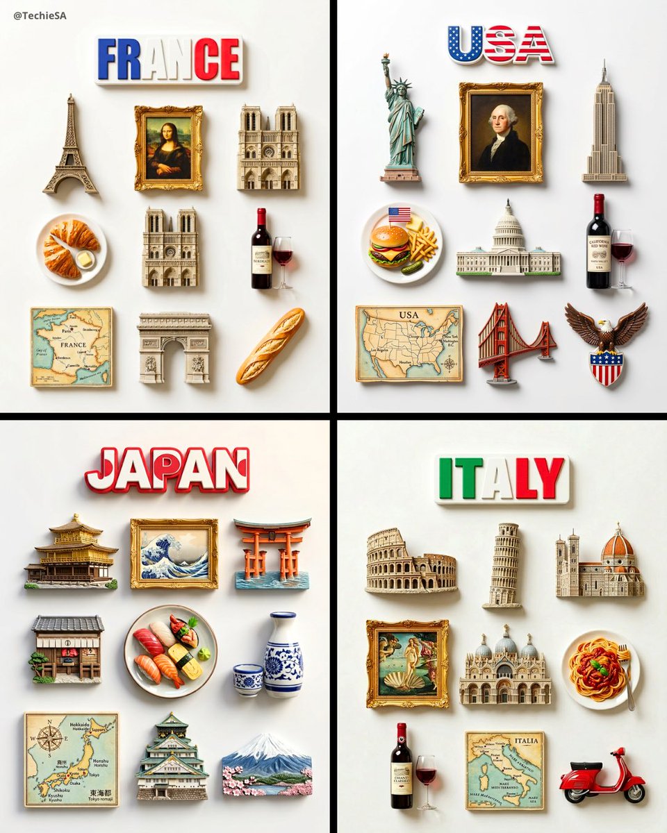 A flat-lay collection of exactly 9 hyper-realistic 3D resin fridge magnets arranged on a plain m