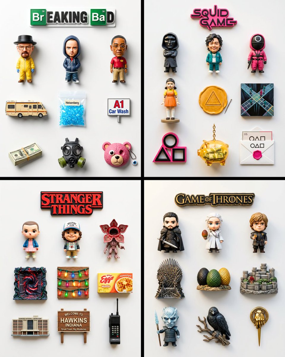 A flat-lay collection of exactly 9 hyper-realistic 3D resin fridge magnets arranged on a plain m