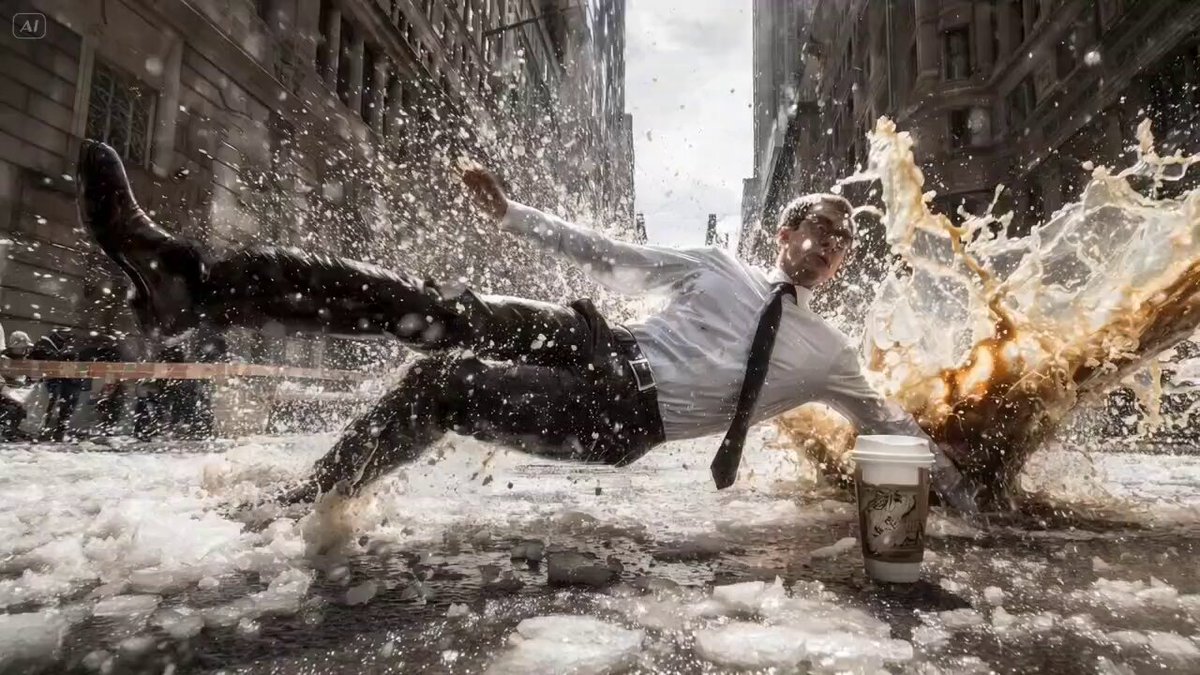 Bullet time effect. A businessman in white shirt and black tie slipping and falling backwards on