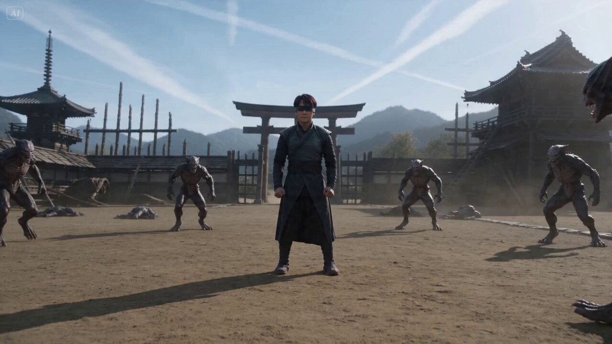 cinematic martial arts confrontation in broad daylight, a blind shaolin monk wearing a dark, sty