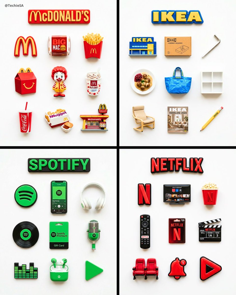 A flat-lay collection of exactly 9 hyper-realistic 3D resin fridge magnets arranged on a bright 