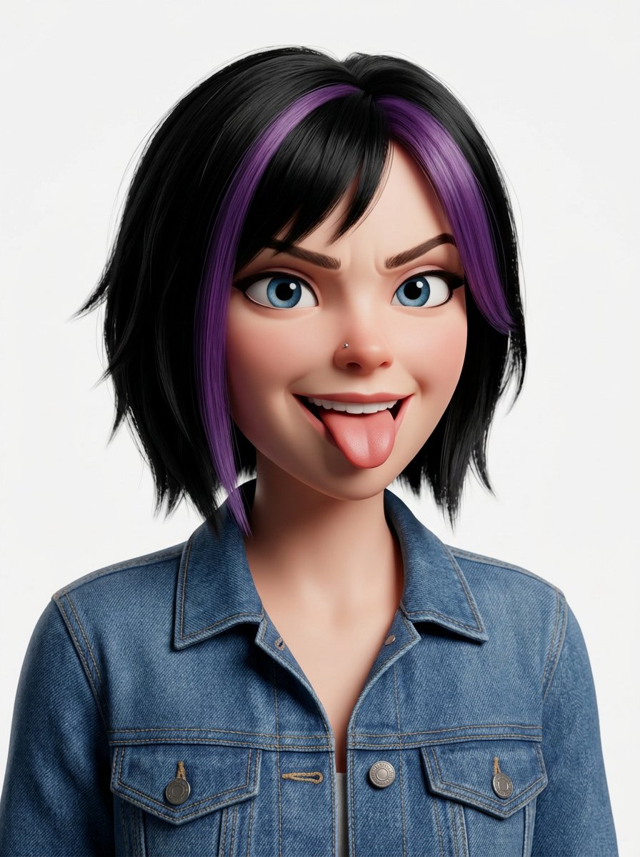 Create a head-and-shoulders Pixar-style 3D avatar of an edgy person based on the reference image 3