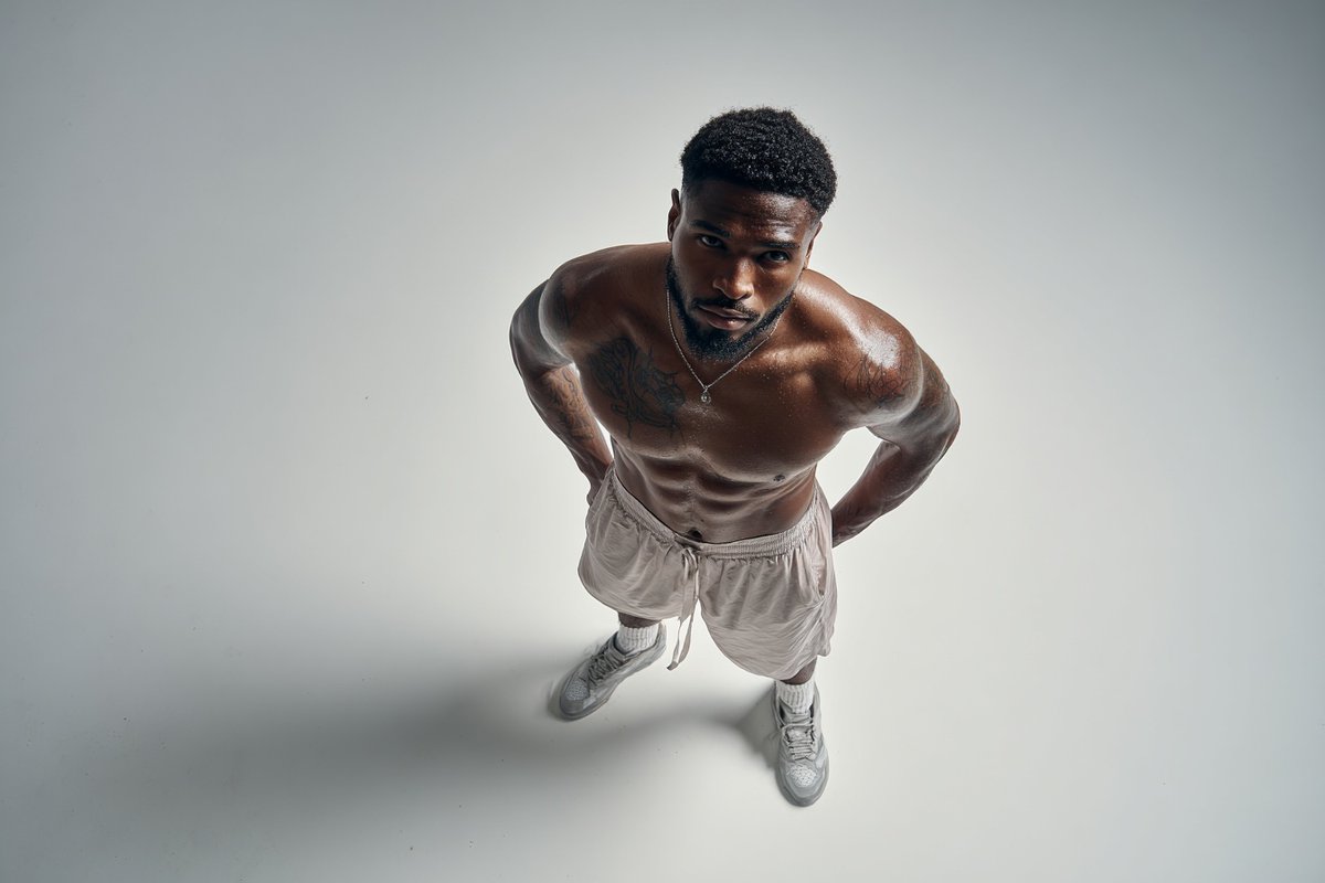 A [subject] photographed from a 35-degree overhead angle, standing alone in an off-white studio  4