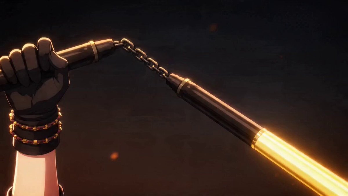 A glowing golden nunchaku spins rapidly in both hands, carving bright arcs against the dark back