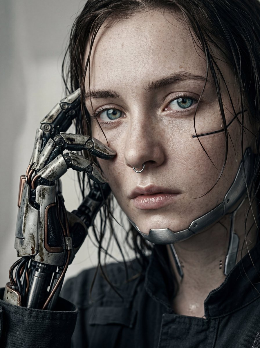 A hyper-realistic, cinematic extreme close-up portrait of a young woman with fair, freckled skin 2