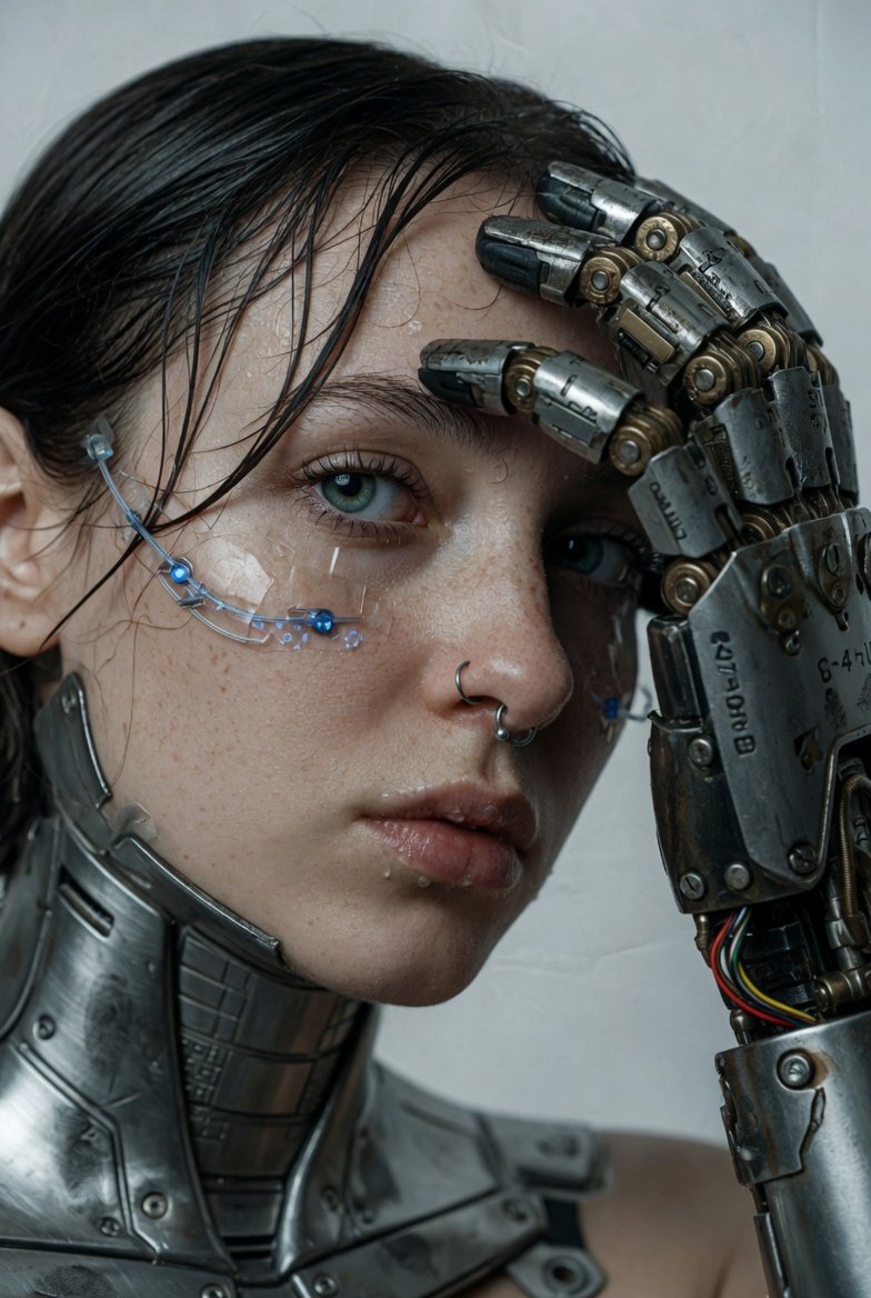 A hyper-realistic, cinematic extreme close-up portrait of a young woman with fair, freckled skin