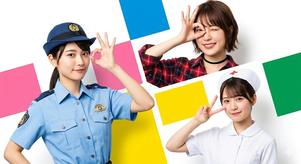 High-resolution Japanese commercial advertisement style photo, three young women posing against 