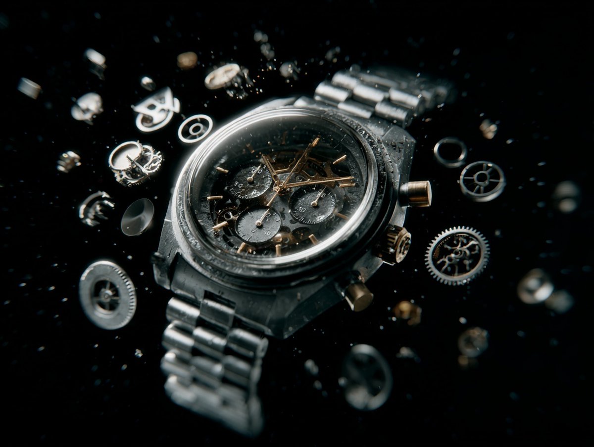 [PRODUCT] assembling itself from scattered components mid-air, reverse disintegration, mechanica
