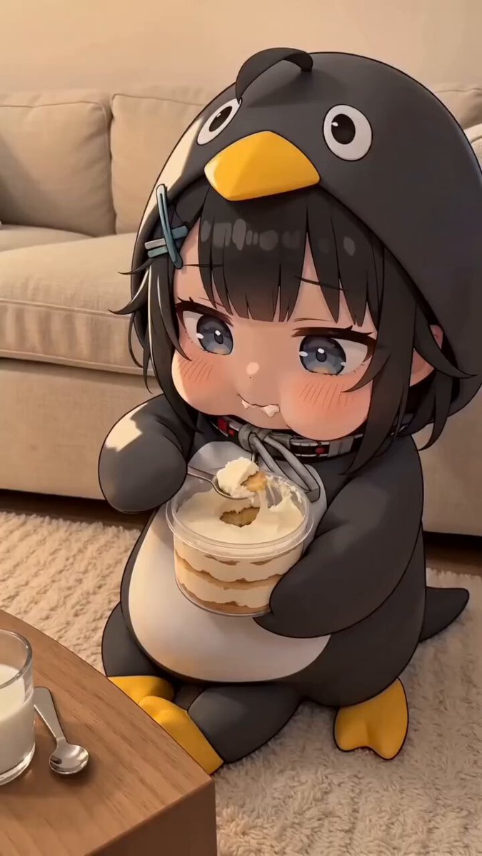 A super cute chibi-style anime cartoon little penguin girl with big sparkling eyes, fluffy black