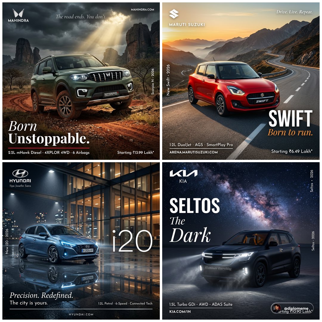 Hyper-realistic professional automotive commercial ad poster. [BRAND] [MODEL] in [COLOR] parked 