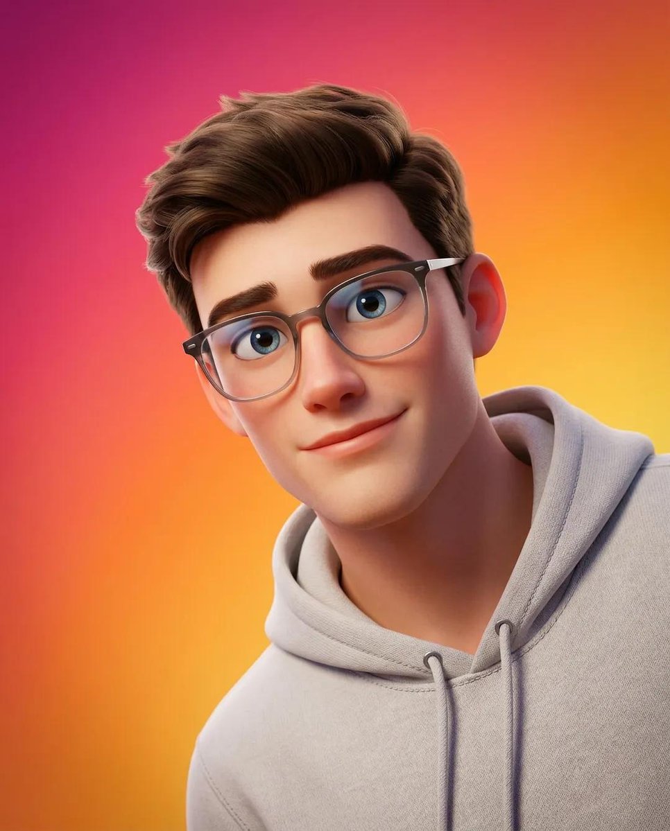 A stylized Pixar-style 3D portrait of a young person with smooth skin, large expressive blue eye 2