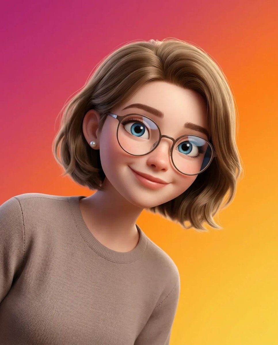 A stylized Pixar-style 3D portrait of a young person with smooth skin, large expressive blue eye