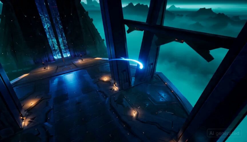 Setting: Dark fortress interior with towering metal structures. Teal/cyan illumination leaks thr