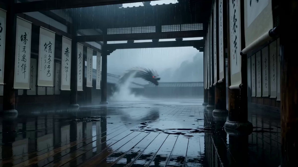 A silent monk in soaked black robes stands in an abandoned calligraphy hall during torrential ra