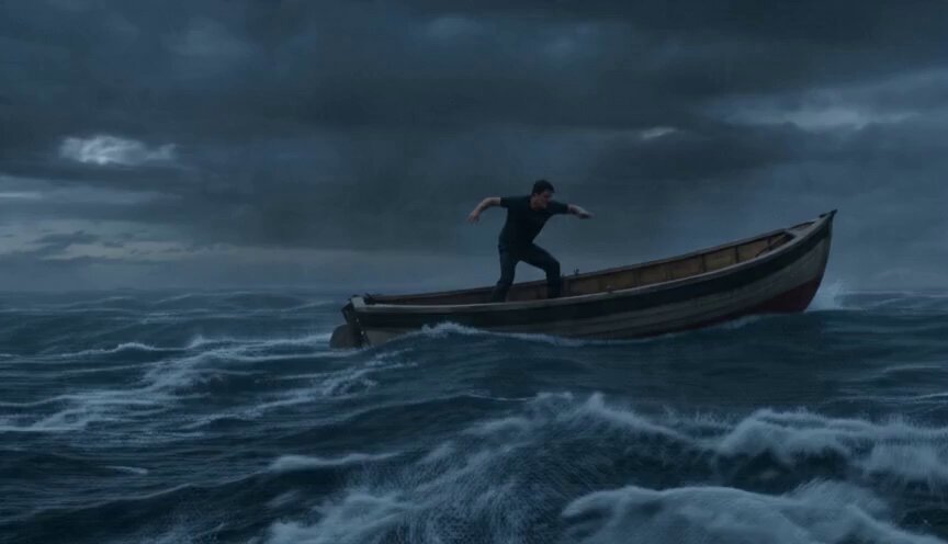 A lone man struggles to steady himself on a small boat in the middle of a violent ocean storm. T