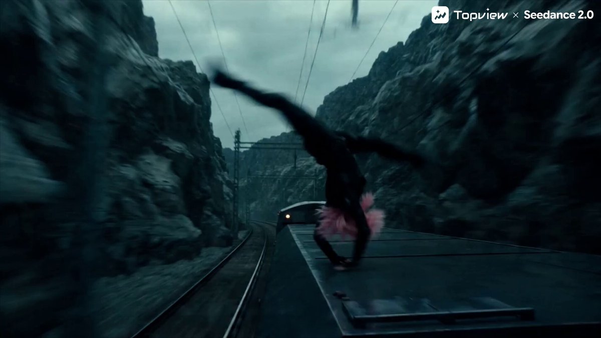 Dramatic low-angle tracking shot speeding along rain-slicked train tracks through a narrow mount