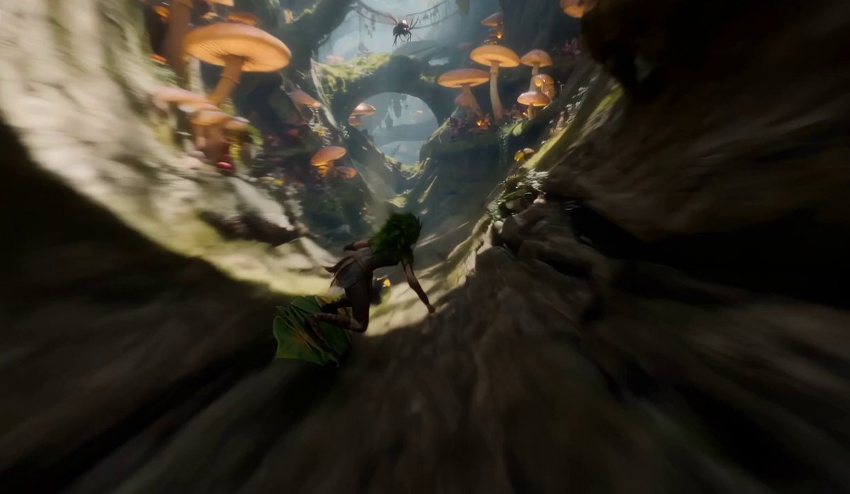 A nimble fae-ranger diving on a leaf-bladed wind-board down the colossal hollow trunk of a decay