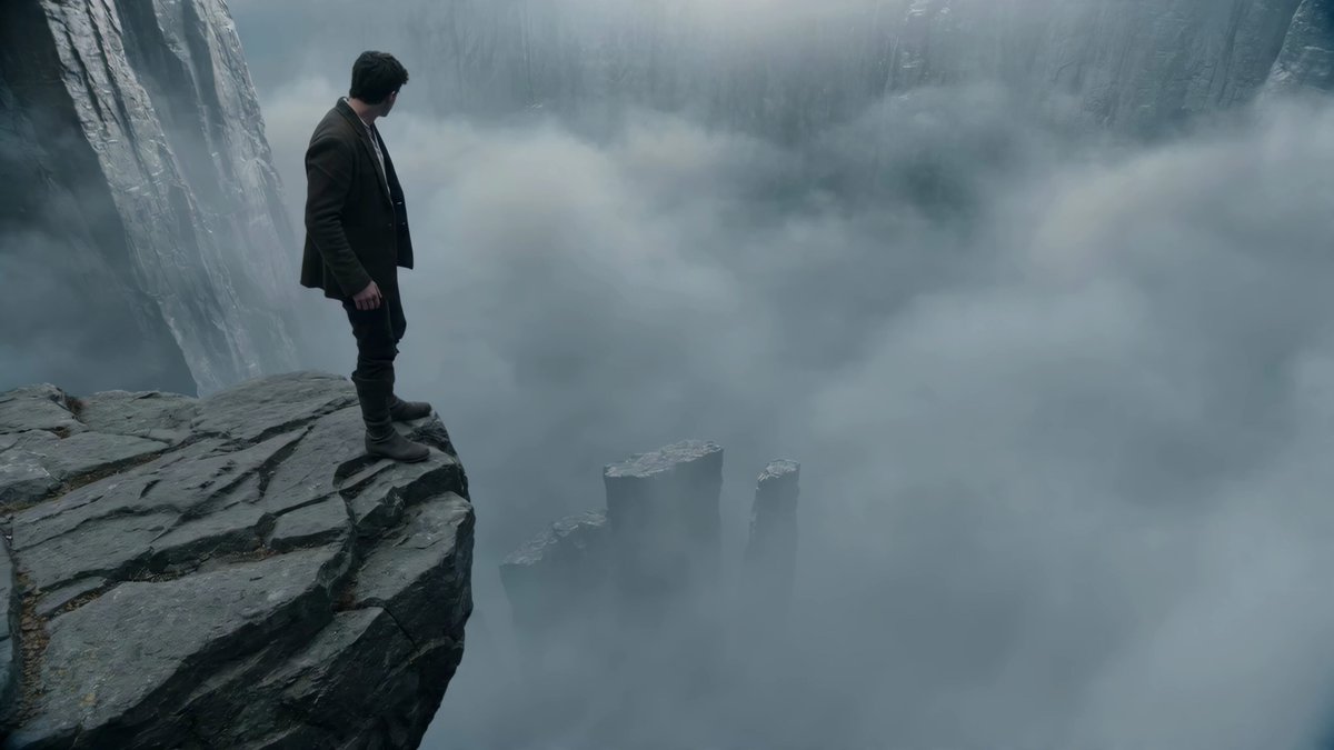 An adventurer descends from one towering cliff edge to another far below, forging a path downwar