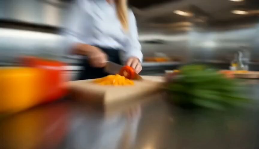 Ultra cinematic high-energy food commercial, fast-paced luxury kitchen, warm sunlight, marble an