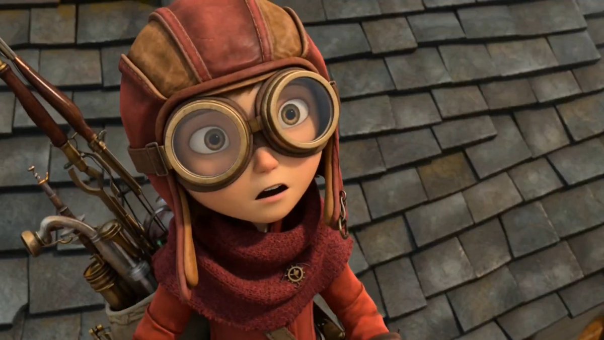 A bold little girl in a crimson aviator hood, brass goggles, and a satchel of clockwork tools sw
