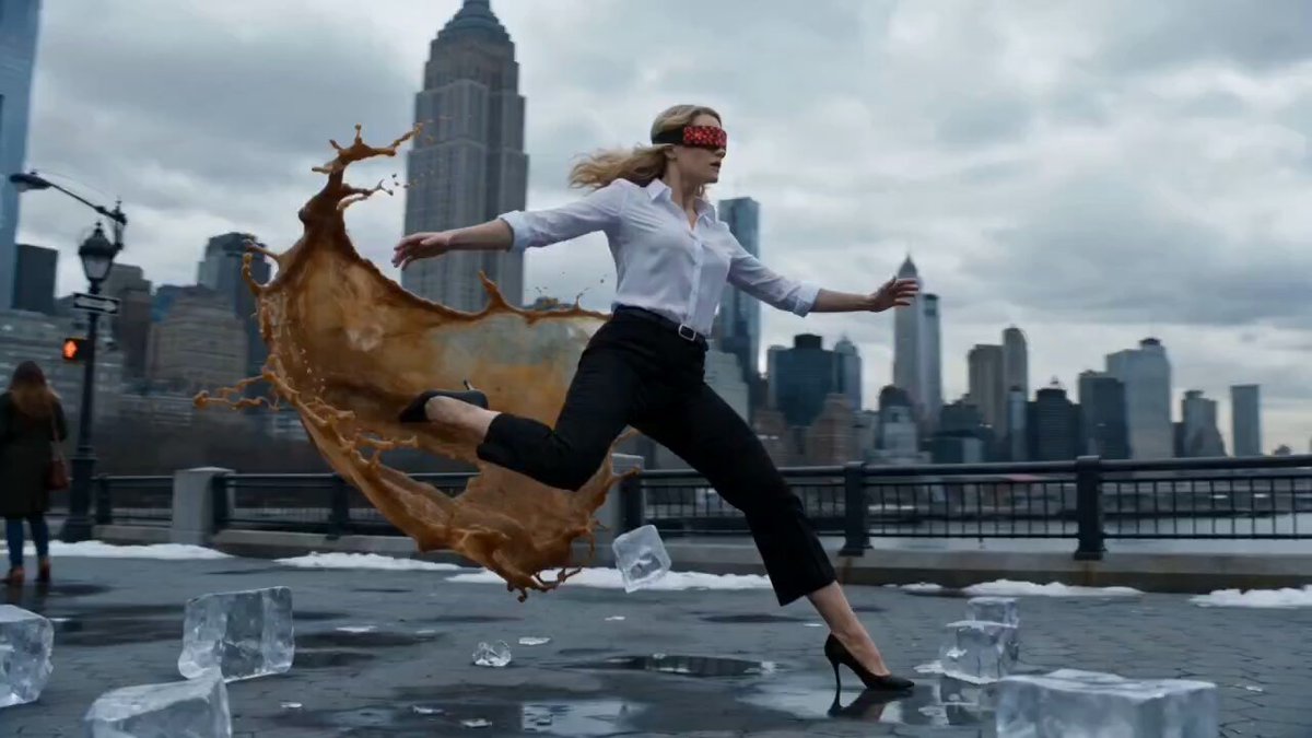 Cinematic 8K, ultra-realistic slow-motion video of a woman in a white button-down shirt and blac