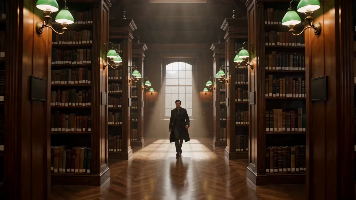 A cinematic one-take begins in a majestic private library corridor, walnut walls, green banker l