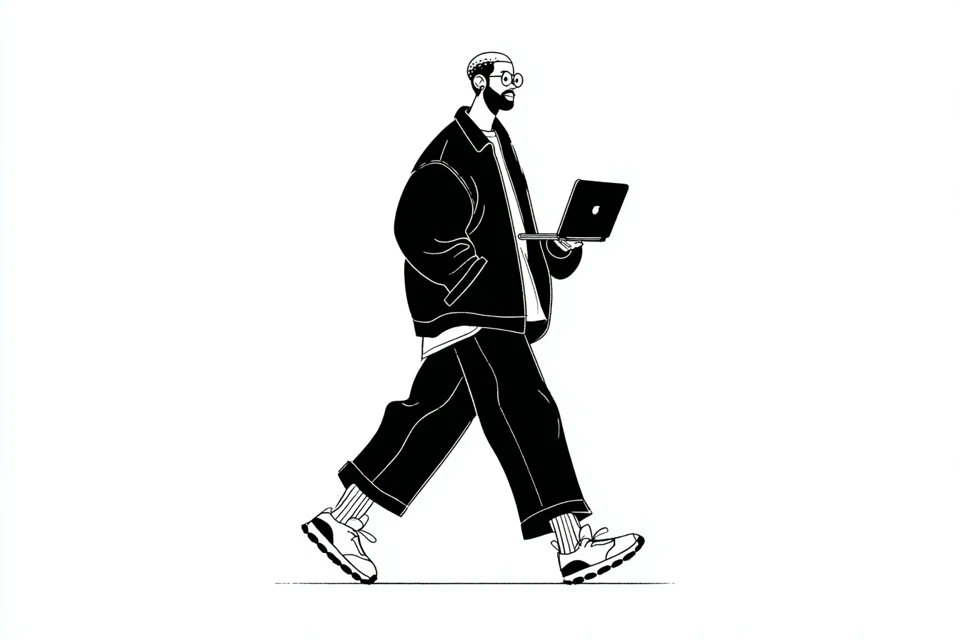 A simple black-and-white illustration of a [subject] in [outfit], [doing action], with a [facial 3