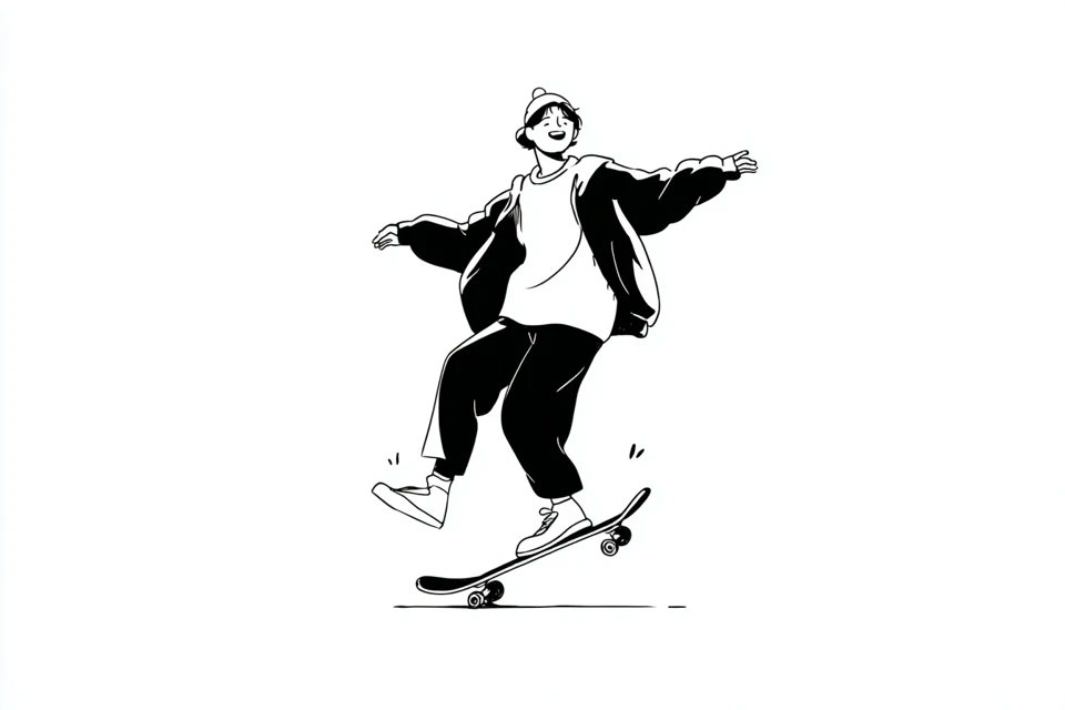 A simple black-and-white illustration of a [subject] in [outfit], [doing action], with a [facial 4