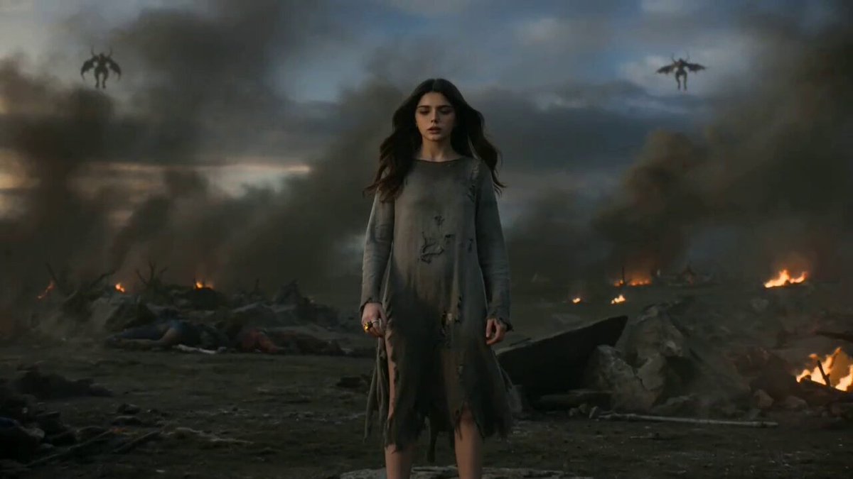 Dark realistic tokusatsu transformation on an apocalyptic battlefield. A gloomy heroine in the r