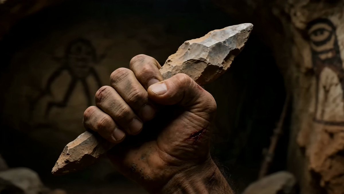 A one-take begins in extreme close-up on a Stone Age hand gripping a rough flint tool. The camer