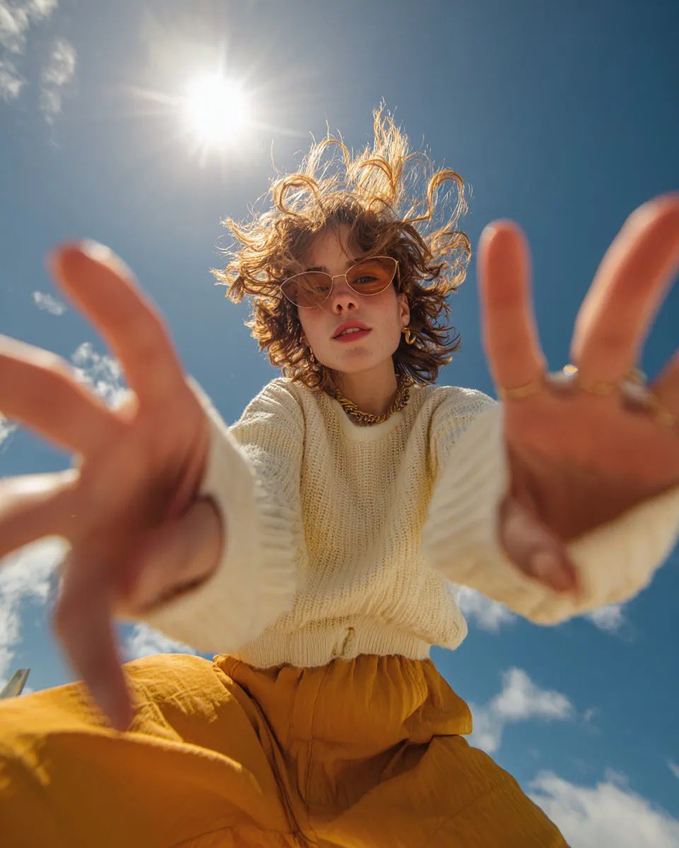 Ultra wide-angle low-angle portrait shot from ground perspective, young woman leaning over camer 2