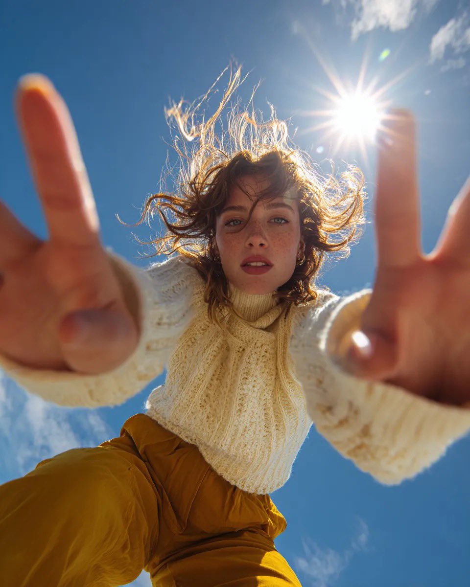 Ultra wide-angle low-angle portrait shot from ground perspective, young woman leaning over camer
