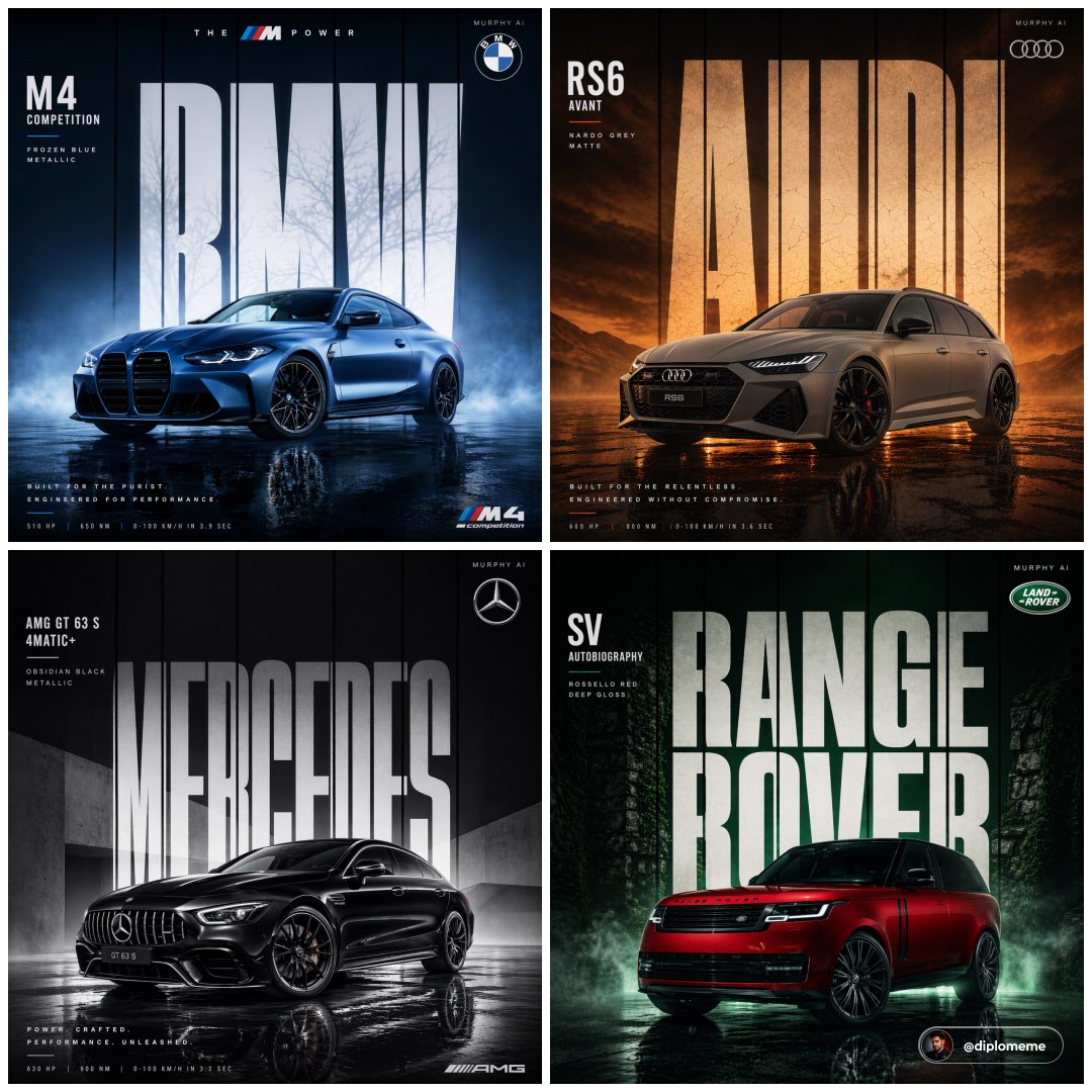 Cinematic automotive billboard poster, [CAR MODEL + VARIANT] in [PAINT COLOR + FINISH], parked c