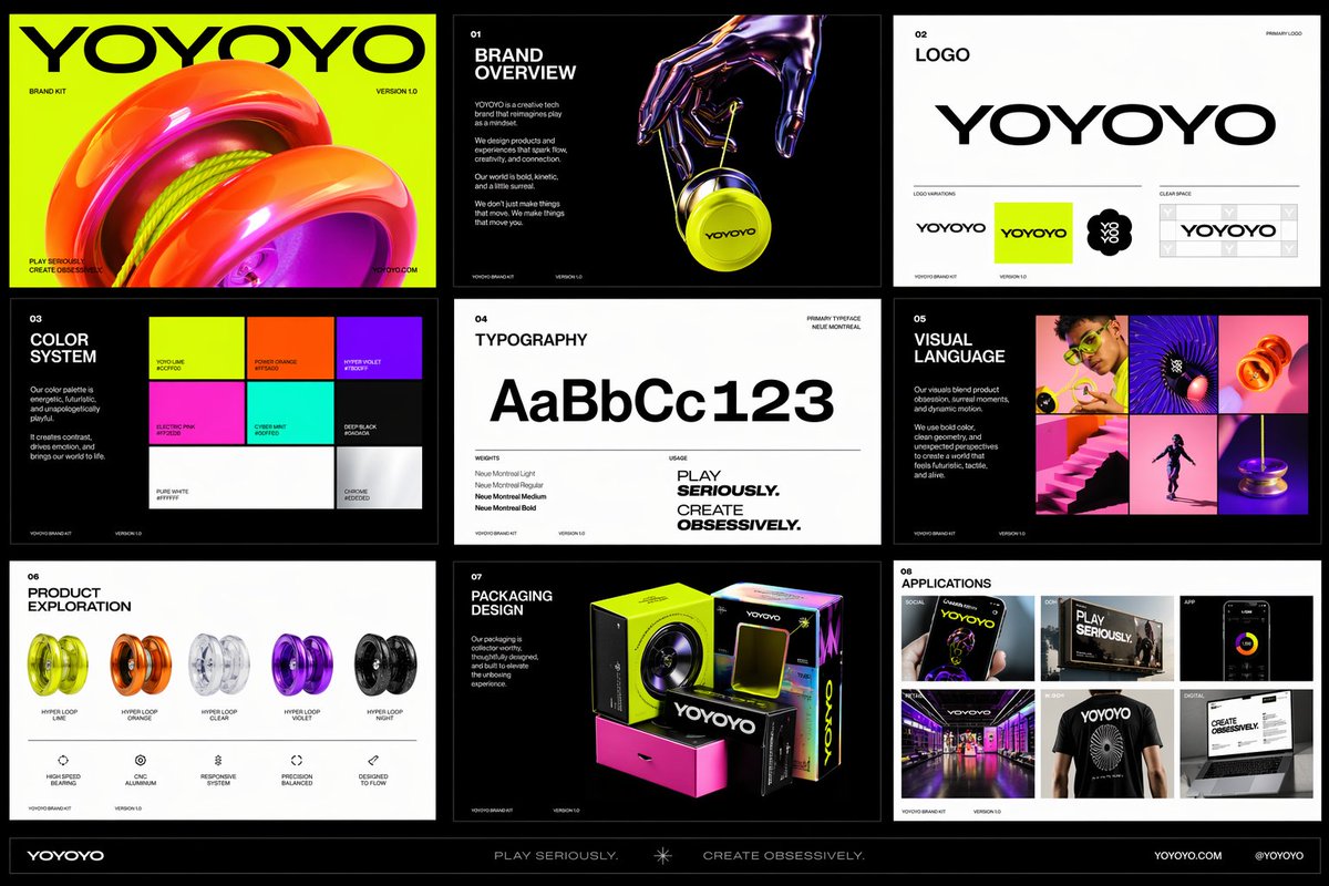 Create a polished multi-page (multiple images) brand kit for a company called [YOYOYO]. The bran