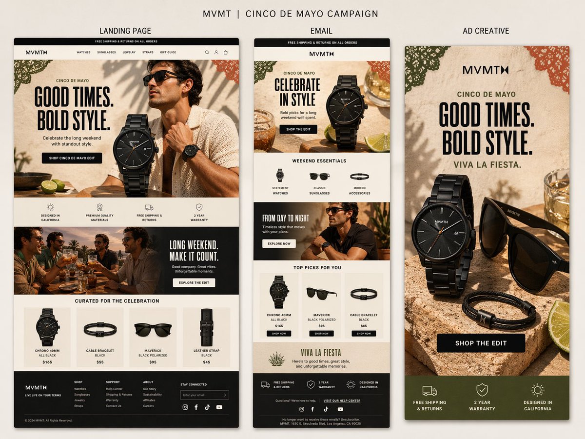 Create a premium presentation-style campaign board for MVMT’s Cinco de Mayo campaign on a soft w
